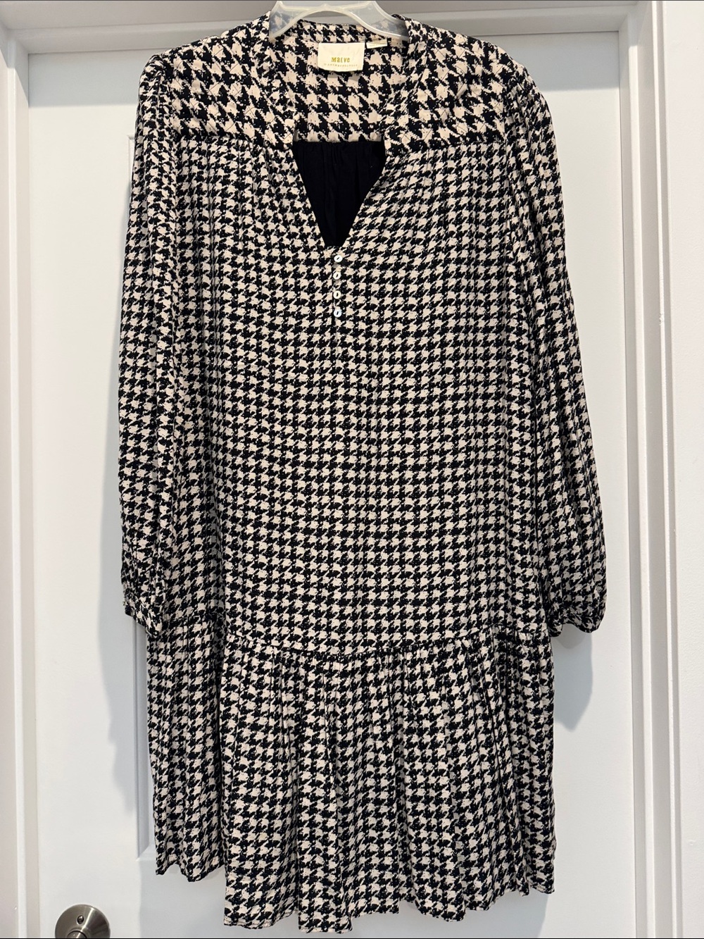Anthropologie Maeve Black and White Houndstooth Long-Sleeve Dress
